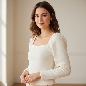 Madewell Crepe Square-Neck Puff-Sleeve Top antique cream size medium